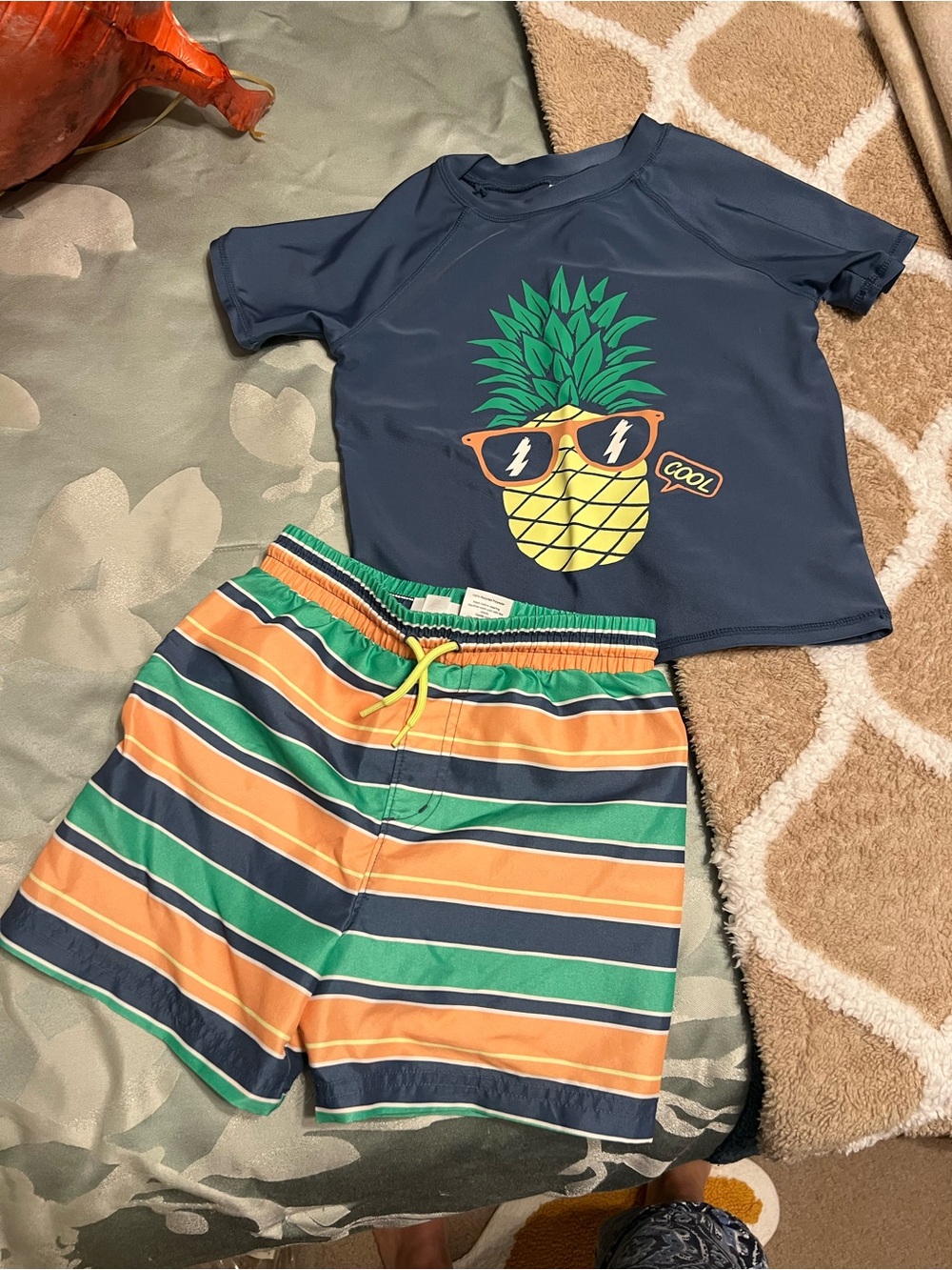 4T Jumping Beans Pineapple swim top Rash Guard & Striped Swim Shorts Set toddler